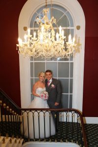 Wedding photo taken on Chiseldon House staircase